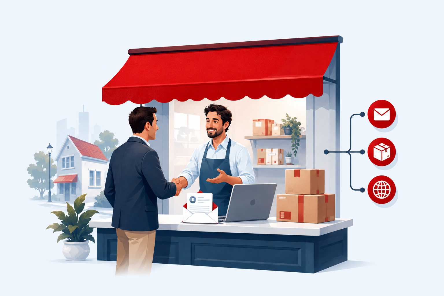 Un commerciante accoglie un nuovo affiliato nel Punto RedBay, tra pacchi e servizi digitali.